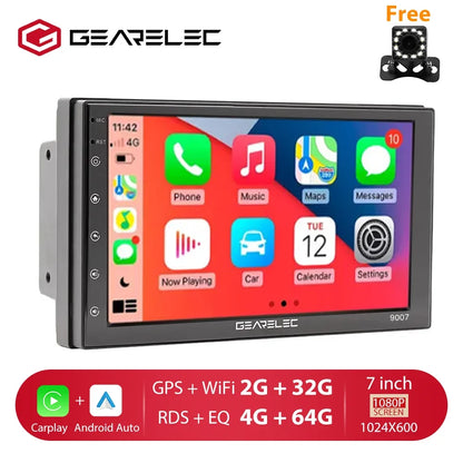 "GEARELEC 7" Android 12 Car Radio with Carplay & Android Auto - Universal Multimedia Stereo with WiFi, GPS, & Video Player"