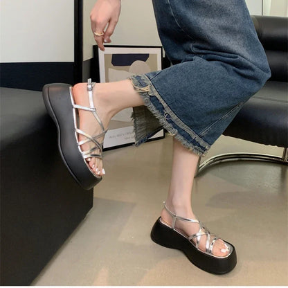 2024 Summer Gladiator Women Sandals Fashion Elegant Narrow Band Platform Flats Shoes Ladies Casual Outdoor Beach Sandalias