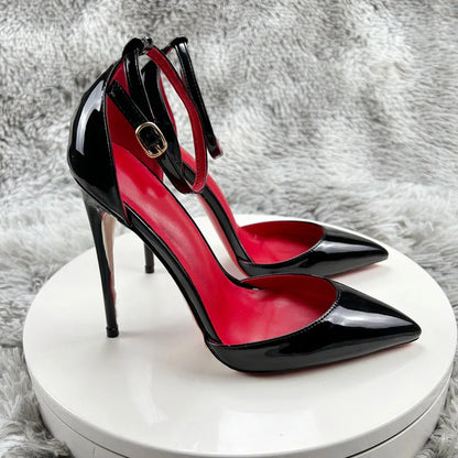 Black Patent Leather Women Ankle Strap Stiletto Pumps Pointed Toe Sexy High Heel Shoes 8cm 10cm 12cm Customize 33-46