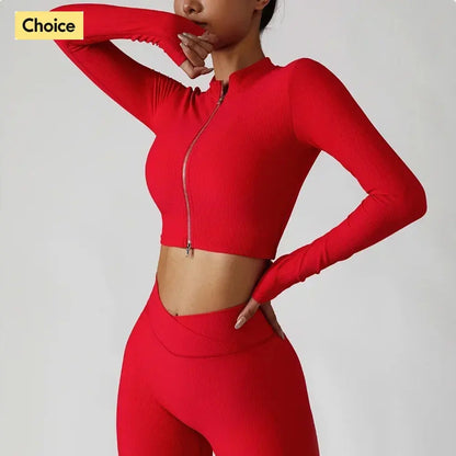 Ribbed Yoga Jacket Women Two Way Zipper Front Crop Tops Sportswear Elegant Sport Training Wear Gym Clothing Tight Workout Top