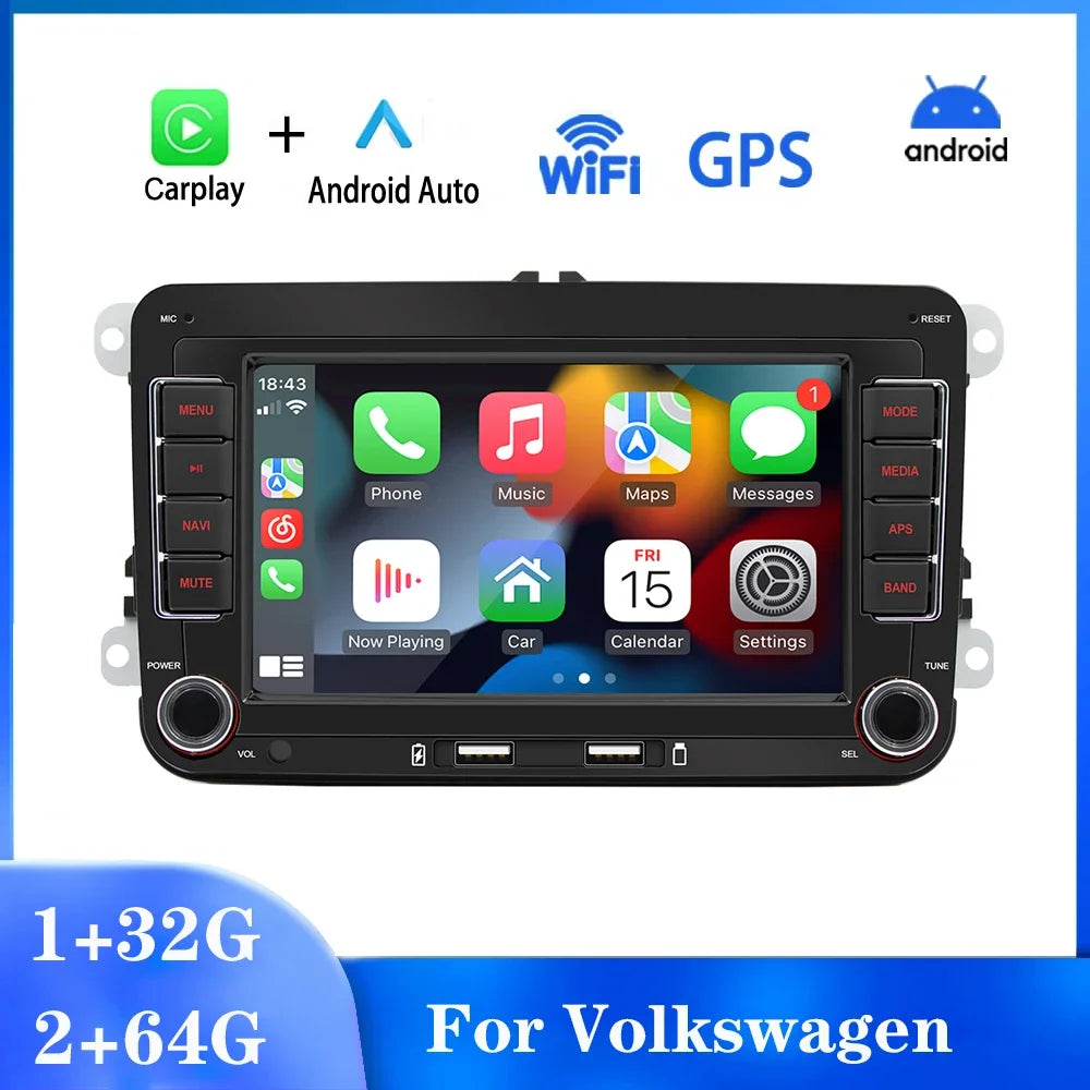 7" HD Touchscreen 2Din Android Car Radio for VW Golf/Polo/Passat/Skoda/Jetta – Universal Multimedia System with CarPlay, WiFi, GPS Navigation