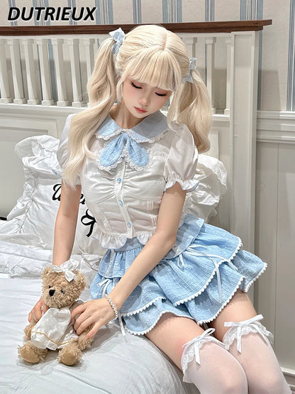 Sweet Cute Princess Style Women's Two Piece Set 2024 New Summer Fashion Casual Elegant Short Sleeve Top and Skirt Sets for Lady