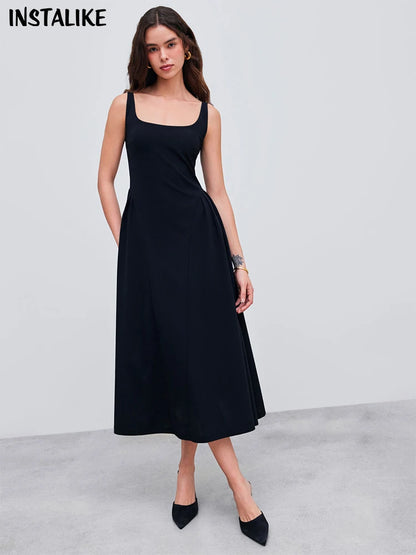 InstaLike Square Neck Solid Pleated Midi Dress 2024 Fashion Bodycon Corsets Sleeveless Office Lady Streetwear Casual Long Dress