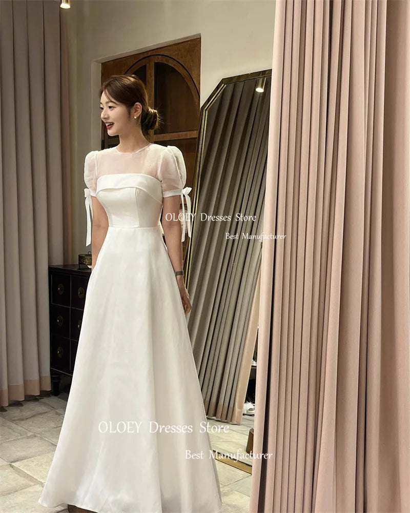 OLOEY Simple A Line Korea Wedding Dresses Photoshoot Short Sleeves O-Neck Soft Satin Bridal Gowns Mariage Floor Length