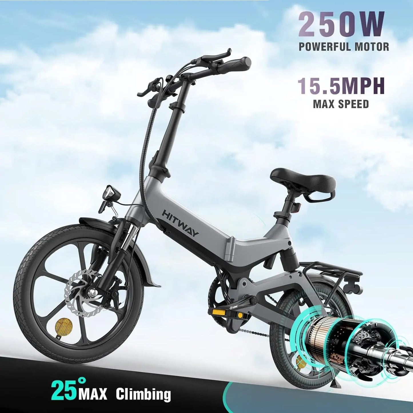 HITWAY Electric Bike 250W Foldable Pedal Assist E Bike with 7.8Ah Battery without accelerator, 16 inch for Teenager and Adults