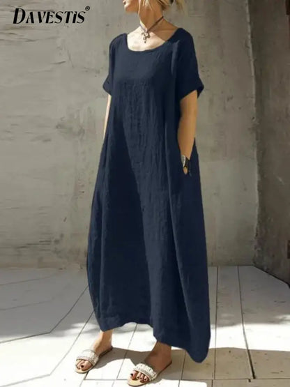 Oversized Cotton Linen Dress Women 2023 Summer Loose Breathable Round Neck Short Sleeve Dresses for Women Casual Long Dress