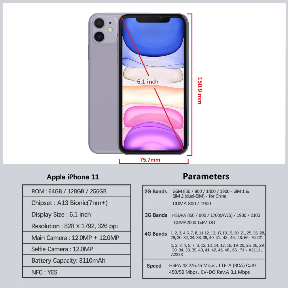 Apple iPhone 11 64/128/256GB 6.1" Original  IPS LCD FACE ID A13 Genuine Unlocked 4G LTE iphone 11 Mobile Phone