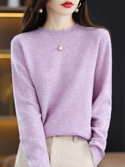 Luxurious 100% Merino Wool Women's O-neck Long Sleeve Pullover – Spring & Autumn Cashmere Knit, Soft & Comfortable Basic Sweater Top