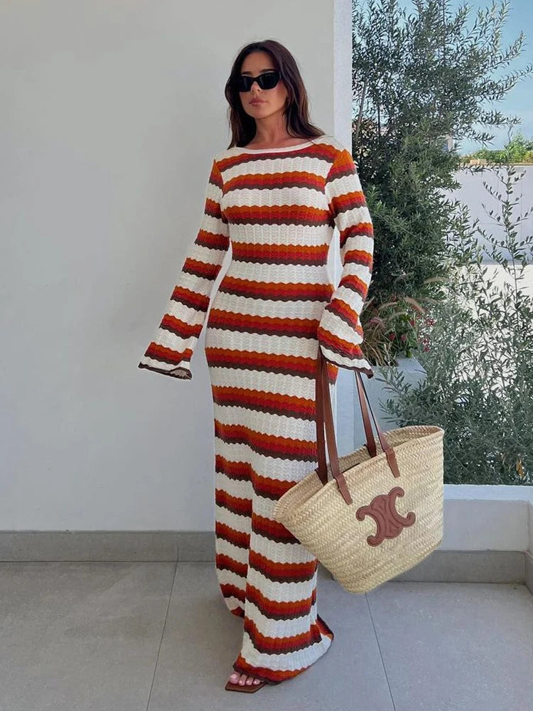 Summer Hollow Out Knitted Beach Dress for Women Elegant Fashion Striped Maxi Dress 2024 Sexy Long Sleeve Holidays Party Dress