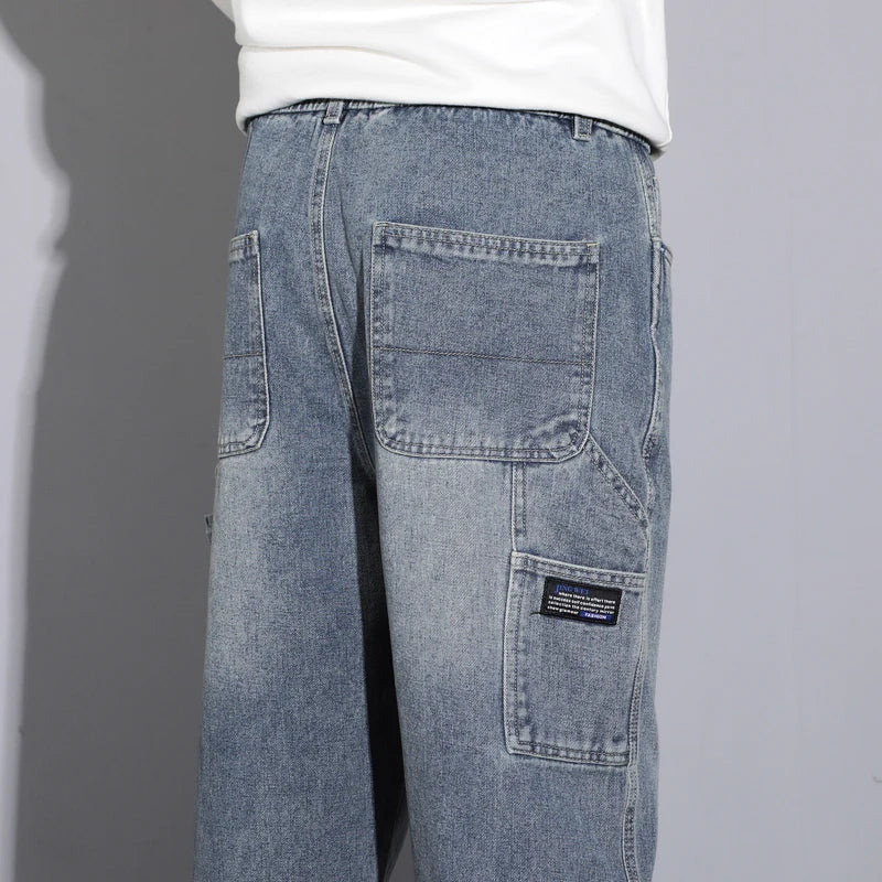 Vintage Jeans Men's 2024 Autumn New Straight Pocket Cargo Pants Loose Wide High Street Casual Denim Trousers Male