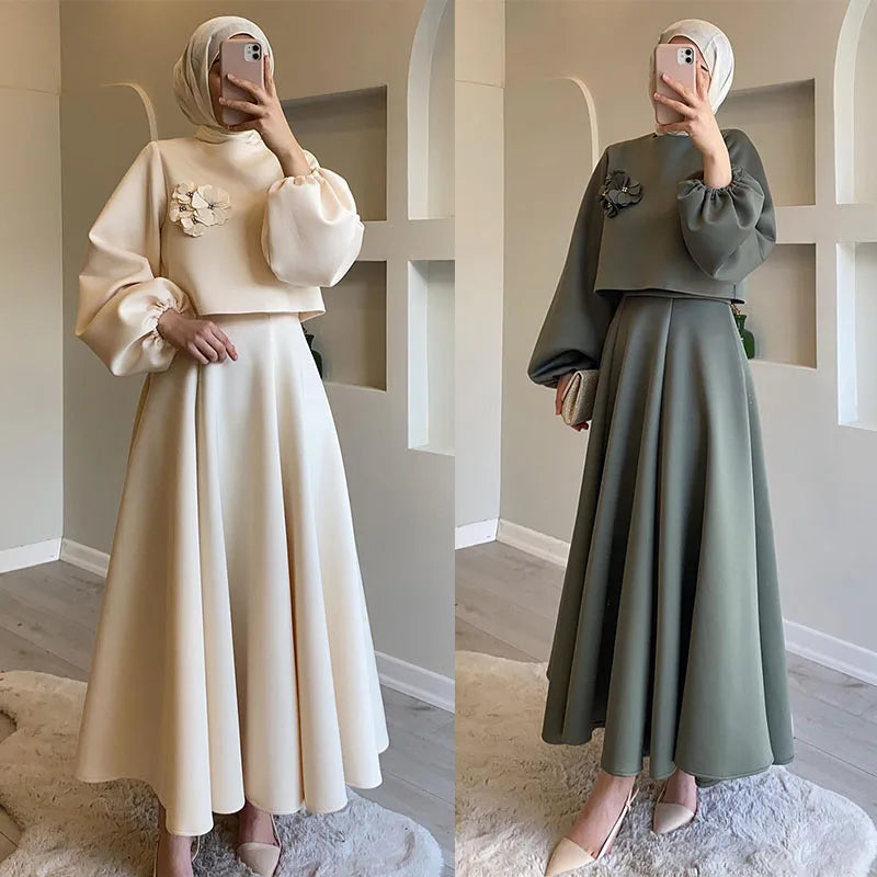 Ramadan Elegant 2 Piece Set Women Lantern Sleeve Flower Crop Top High Waist A-line Skirt Suit 2024 Spring Lady Abaya Turkey Sets