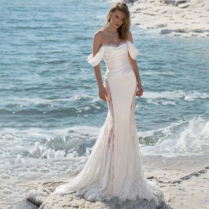 Optimize product title: Custom Made Off The Shoulder Mermaid Sleeveless Wedding Gown in Princess Bohemian Style