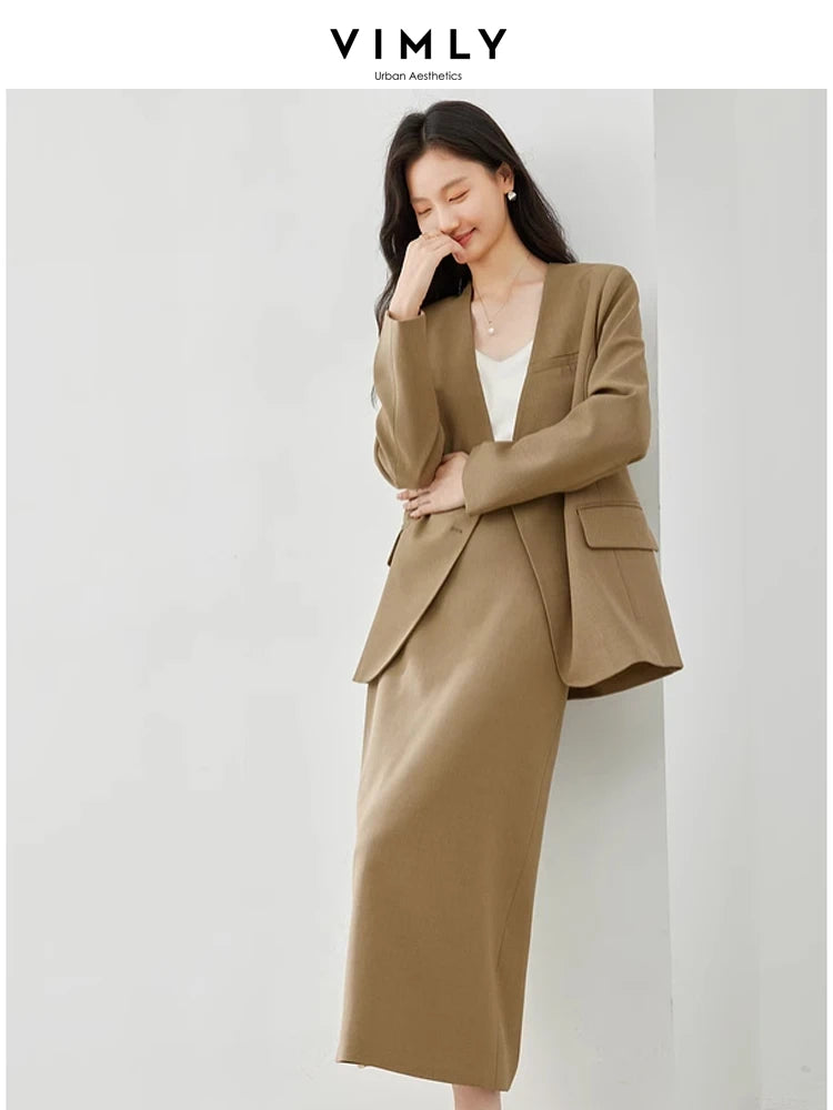 Vimly 2024 Spring Outfits Blazer Skirt 2 Pieces Sets for Women Elegant Fashion Matching Sets Jacket Split Skirt Suit with Belt