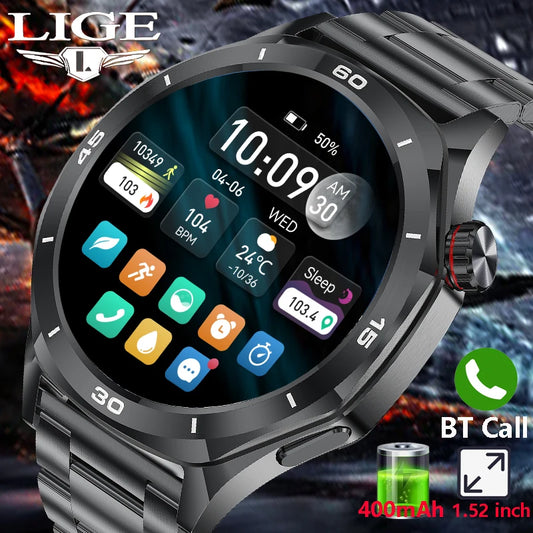 LIGE New 1.52" HD Fashion 400mAh Smart Watch BT Call Men Bracelet Sports Fitness Health Men Smartwatch For Android iOS HarmonyOS