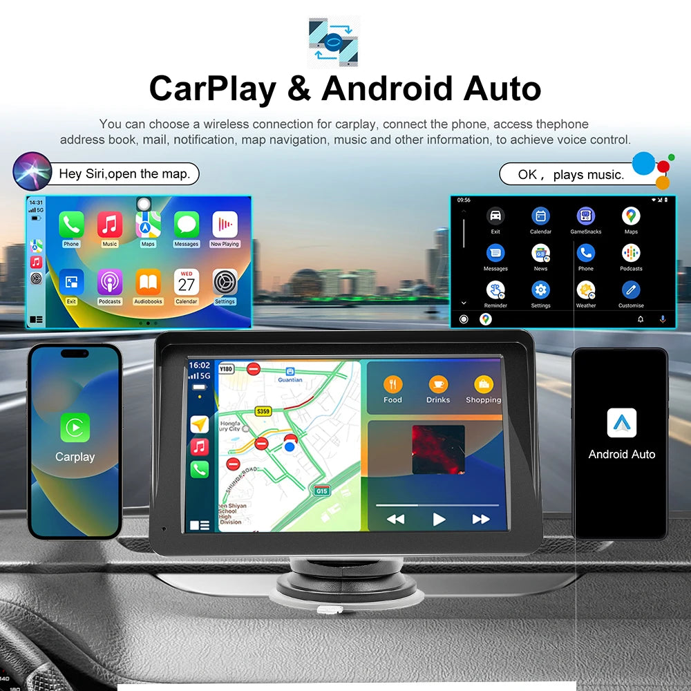 Universal Car Multimedia Video Player: 7" Portable Car Radio with Wireless Apple CarPlay, Android Auto, Intelligent Systems, and 4.3" Reverse Screen