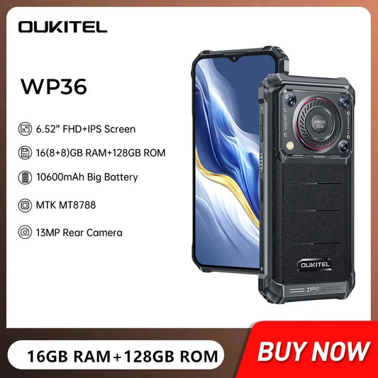 Oukitel WP36 Rugged 4G Smartphone 6.52Inch HD+ Octa Core 16(8+8)GB+128GB Android 13 Mobile Phone 10600mAh Large Battery 13MP NFC