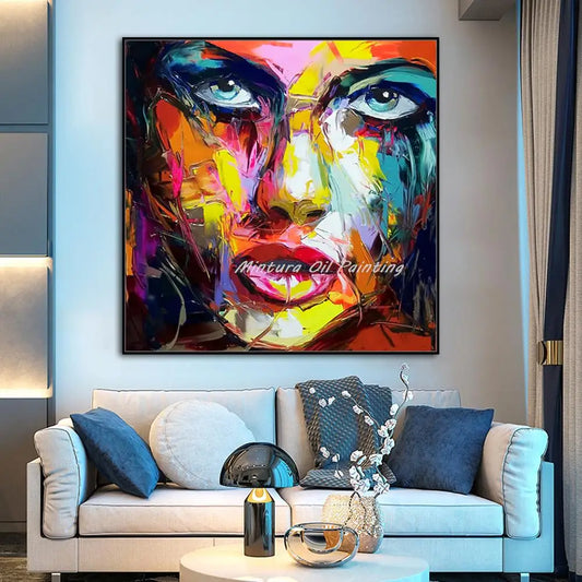 Francoise Nielly Thick Texture Handmade Girl Woman Face Oil Painting Modern Large Canvas,Wall Art,Picture Living Room,Home Decor