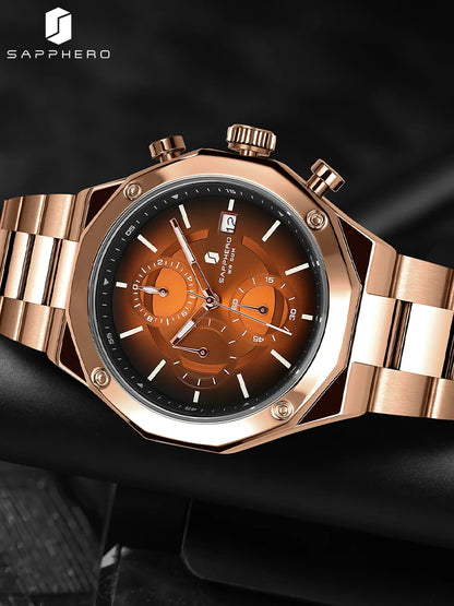 SAPPHERO Rose gold Watch  Mens Watch Luxury  Stainless Steel Quartz Watch Business Waterproof Luminous Calendar Wristwatch