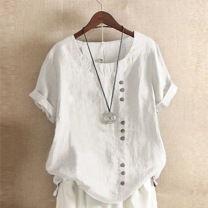 Women's Cotton And Linen Top Summer Casual Loose Fitting Button Short Sleeve Solid Color Pullover Blouse Femme Blusas