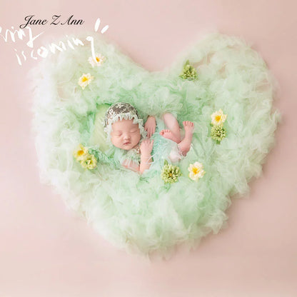 Newborn baby girl green spring series costume lace hat/headwear+mesh princess dress+pillow easy posing photo props