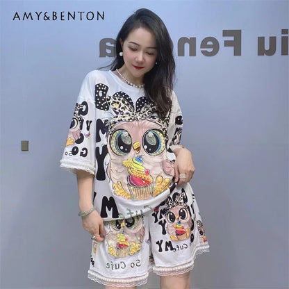 2024 Women's Kawaii Clothes Loose Outfits Summer New Printed Cartoon Beaded Short Sleeves T-shirt Shorts Two-Piece Set Female