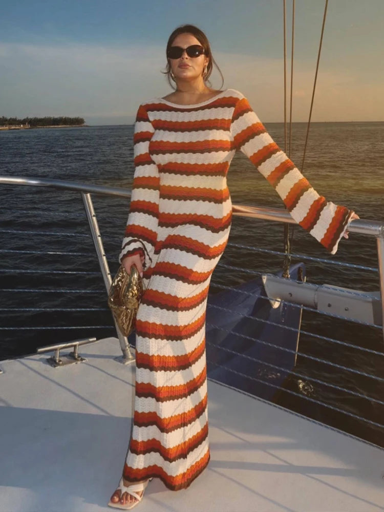 Summer Hollow Out Knitted Beach Dress for Women Elegant Fashion Striped Maxi Dress 2024 Sexy Long Sleeve Holidays Party Dress