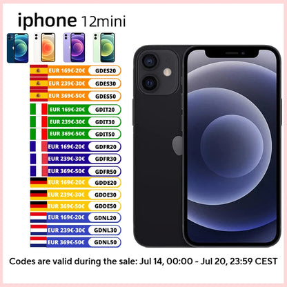 Original Apple 12 mini 64GB / 128GB / 256 ROM iPhone unlocks 5,4 inch OLED 5g screen a14 bionic chip with face ID camera 12mp