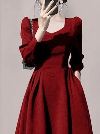 UCXQ Elegant Solid Color Wine Red Ladies Vestidos Black Square Neck Long Sleeve Dress For Women 2024 Spring Summer New 23A7740