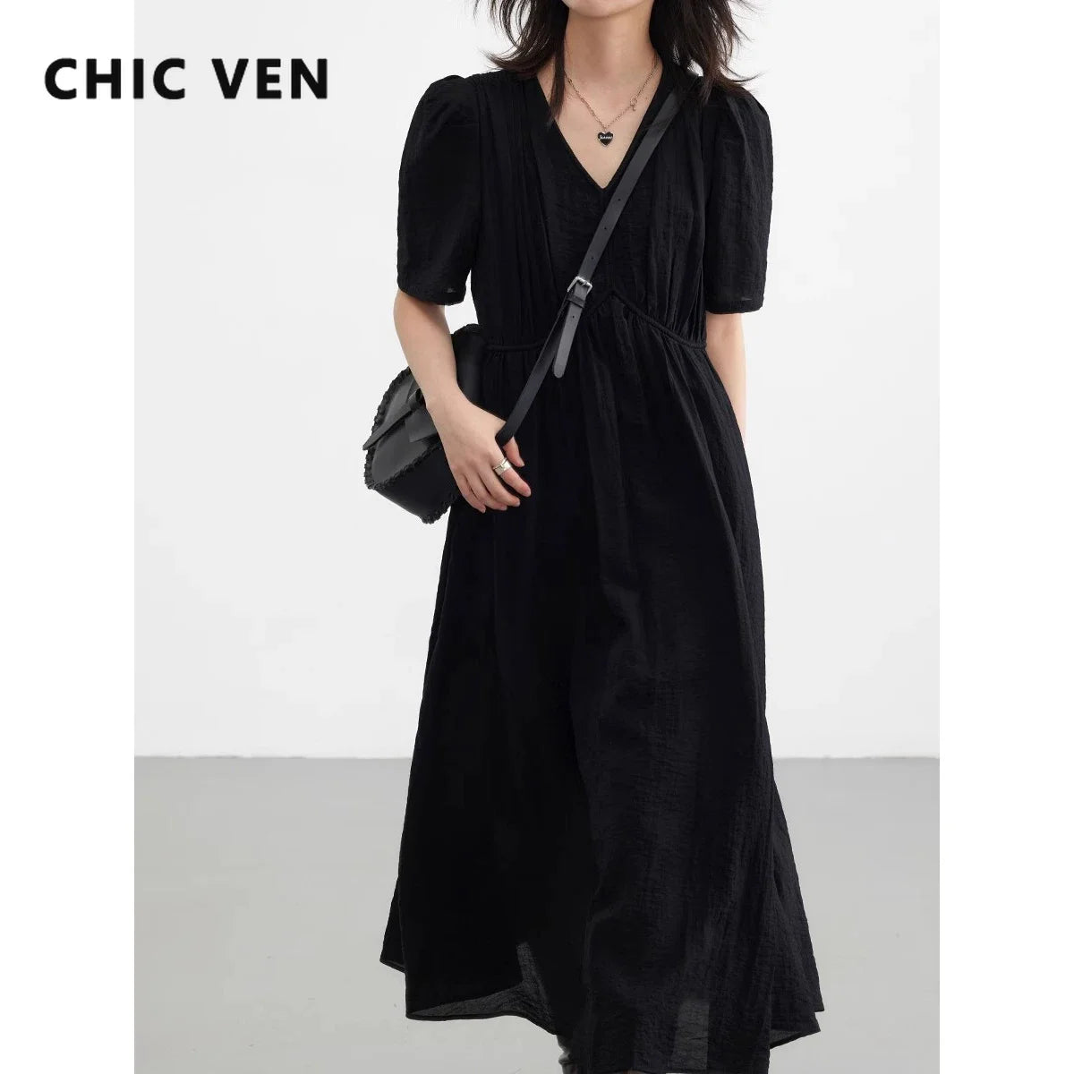 CHIC VEN Fashion Women Dresses Vintage V-neck Puff Sleeve Long Dress Solid White Loose Female Clothing Summer New 2023