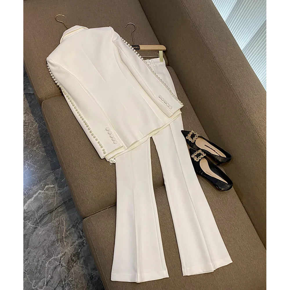 Luxury Pearls Women Pants Sets 2 Piece White Peak Lapel Single Button Wear Fashion Elegant Wedding Party Office Lady Suits