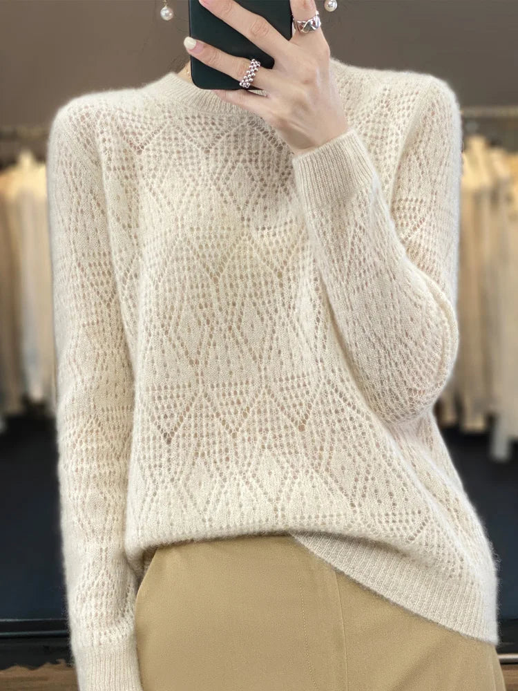 2024 Spring Autumn New Women's O-neck Pullovers 100% Merino Wool Knitted Sweater Hollow Out Grace Jumper Female Clothing Tops