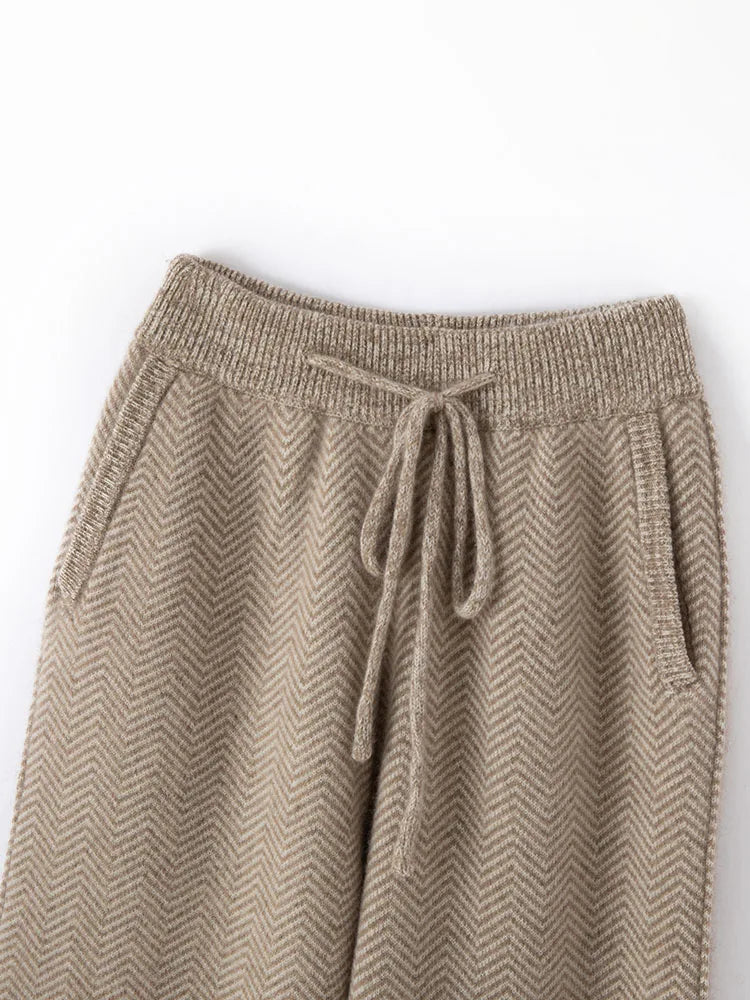 CHICUU Autumn Winter Women Cashmere Straight Pants Classical Herringbone Trousers 100% Cashmere Knitwear Thick Soft Warm Pants