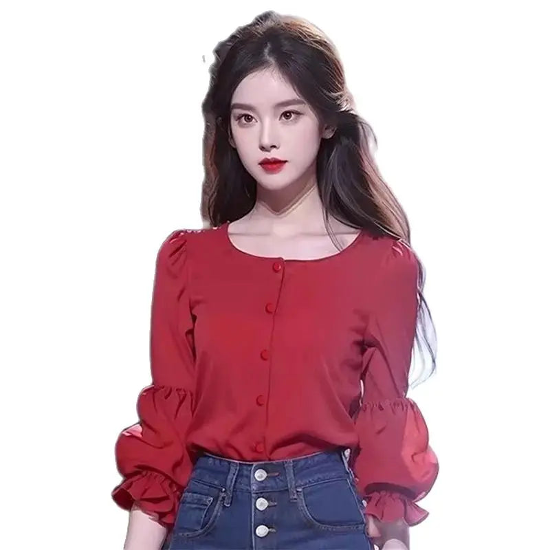 Korea Stylish Summer Solid Shirt Elegant Women Work Blouse  O Neck Sleeve Tops Casual Buttons Down