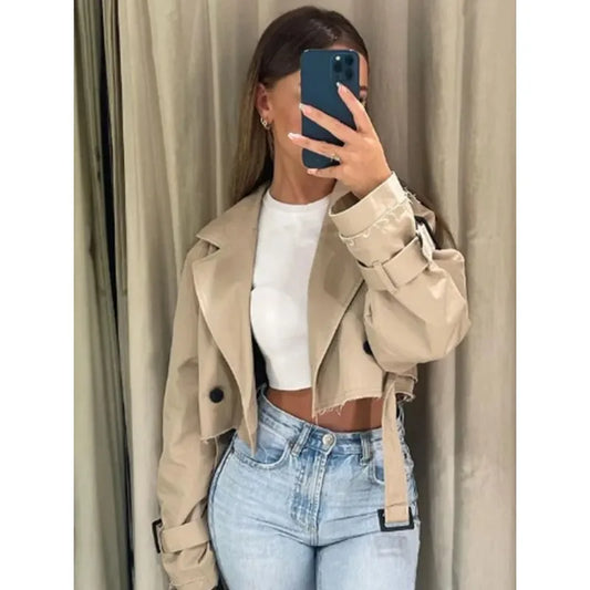 2024 Belt Cropped Trench Spring Jacket Women Vintage Streetwear Double Breasted Long Sleeve Top Female Coat Outfits