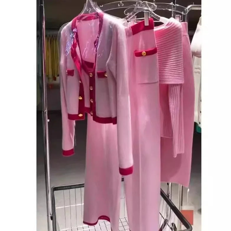 2024 Luxury Celebrity Pink Knitted Three Piece Set Women's Elegant Women's Wear Set Pink Knit Set  woman 2024 traf