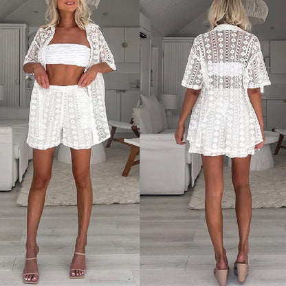 2024 Spring Summer New Women's Clothing Solid Color Lace Hollow Short-Sleeved Cardigan Shorts Two-Piece Suit