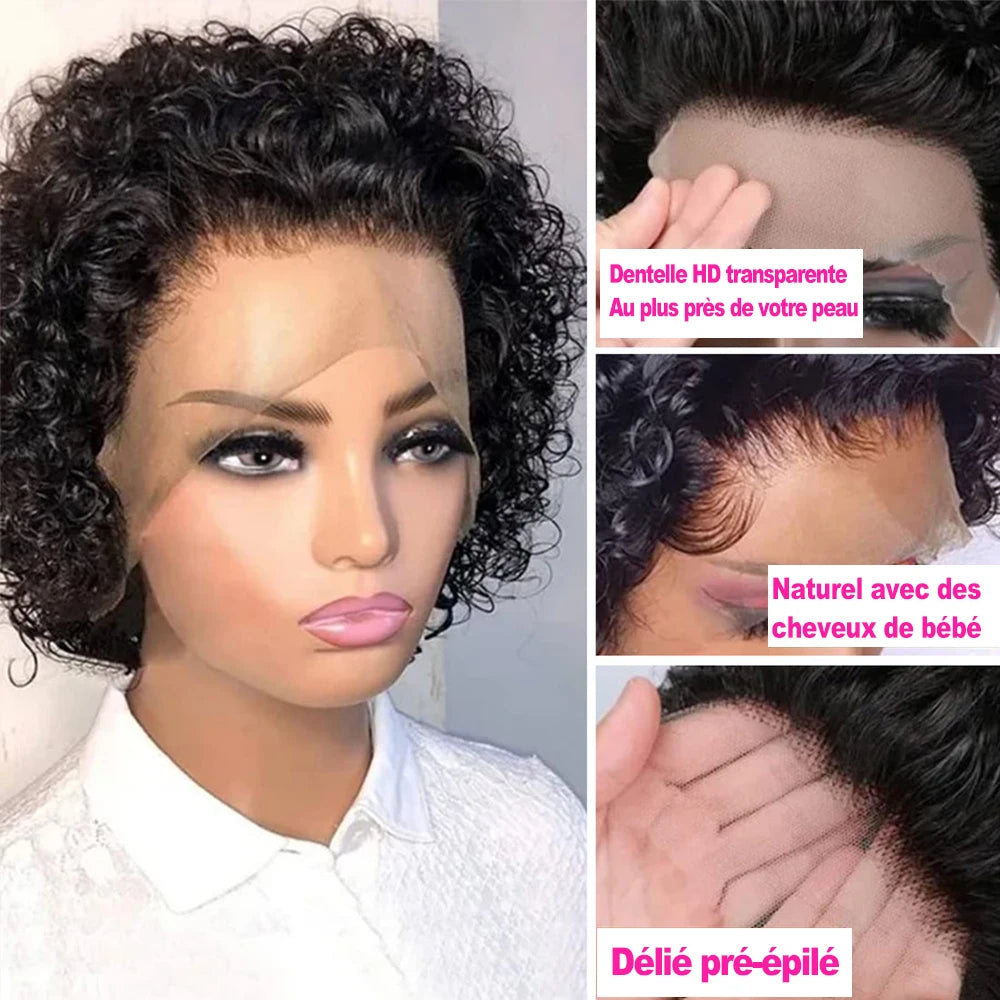 Pixie Cut Wig Short Curly Remy Hair 13x1 T-Part HD Lace Human Hair Wig Brazilian Natural Color Hair For Women Glueless Curly Wig