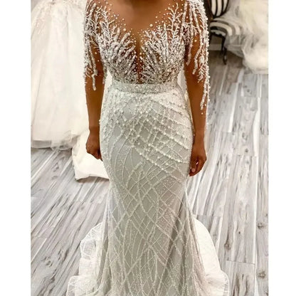 Mermaid Wedding Dresses With Detachable Train Long Sleeves Beaded Lace Applique Pearls Bridal Gowns Vestidos De Novia Plus Size