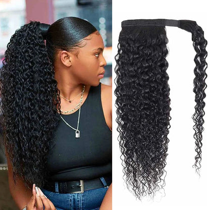 Ponytail Human Hair Wrap Around Kinky Curly Brazilian Remy Hair Extensions 30 Inches Clip Ins Natural Color Hairpiece