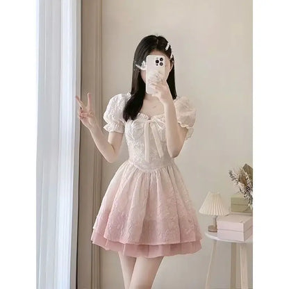 Sweet French Bubble Sleeves Square Neck A-line Dress with Waist Wrap