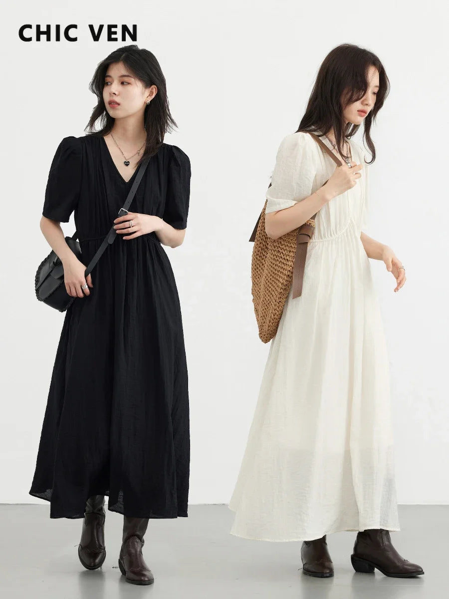 CHIC VEN Women Dresses French Style Vintage V-neck Puff Sleeve Long Dress Solid Black Loose Female Clothing Summer New 2023