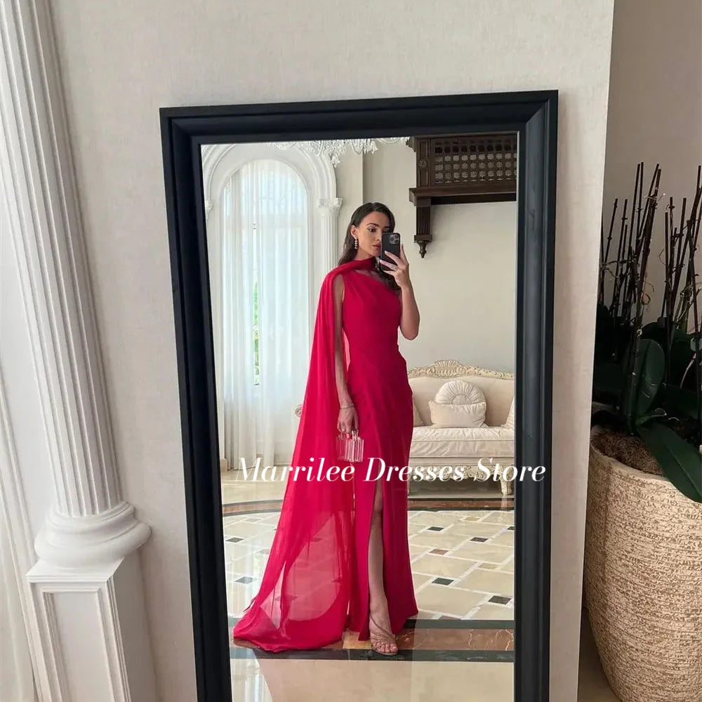 Marrilee Charming Red One Shoulder Chiffon Prom Dresses Simple A-line High Side Slit Sleeveless Evening Gowns vestidos de fiesta