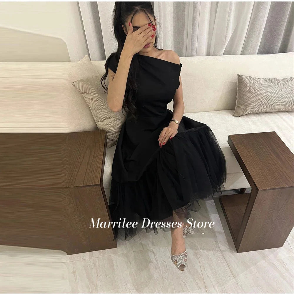 Marrilee Elegant Balck One Shoulder Stain Pleated Evening Dresses A-Line Tulle Tea Length Sleeveless Simple Cocktail Prom Gowns