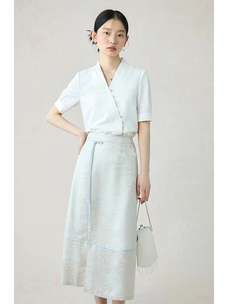 ZIQIAO New Classic Chinese Style White Shirt Long Skirt Women Suit 2024 Summer Casual All Match V-neck Top Suit 24ZQ92233