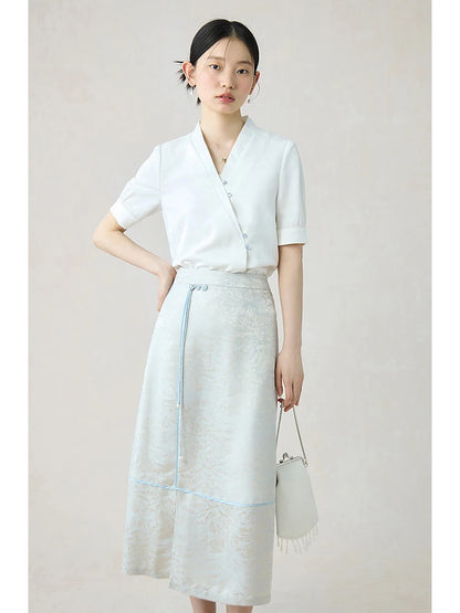 ZIQIAO New Classic Chinese Style White Shirt Long Skirt Women Suit 2024 Summer Casual All Match V-neck Top Suit 24ZQ92233