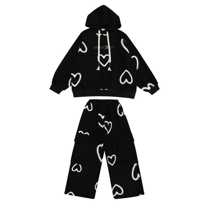 Spring Fall School Girls Sport Suit Printed Hooded Sweatshirt+Sport Pants 2pcs Teen Kids Clothes Set Children Tracksuit outfit