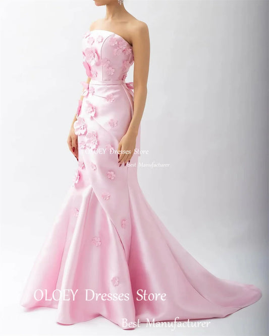 OLOEY Classic Pink Satin 3D Flower A Line Strapless Evening Gown Dress Sashes Sweep Train Sleeveless Corset Back Prom Gowns