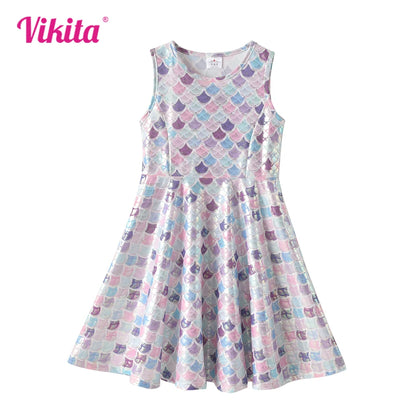 VIKITA Girls Mermaid Print Dress Kids O Neck Sleeveless Summer Infantil Vestidos Girl Party Princess A-line Dress Kids Clothes