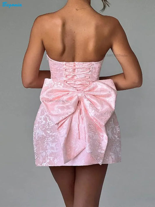 Elegant Satin Print Backless Bow Short Dress Women Chic Off Shoulder Sleeveless A-line Mini Dresses Women Banquet Party Vestidos