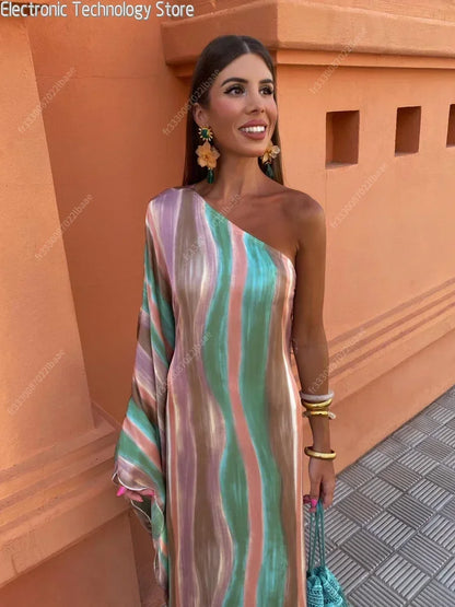 Women Colorful Tie Dyed Striped Print Long Dress Elegant Off Shoulder Single Sleeve Slim Robe Female Chic Beach Vacation Vestido